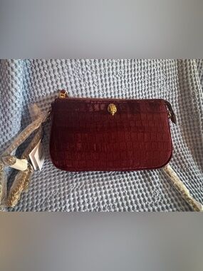 Kurt Geiger Burgundy Croc-Embossed Velvet Shoulder Bag with Gold Emblem